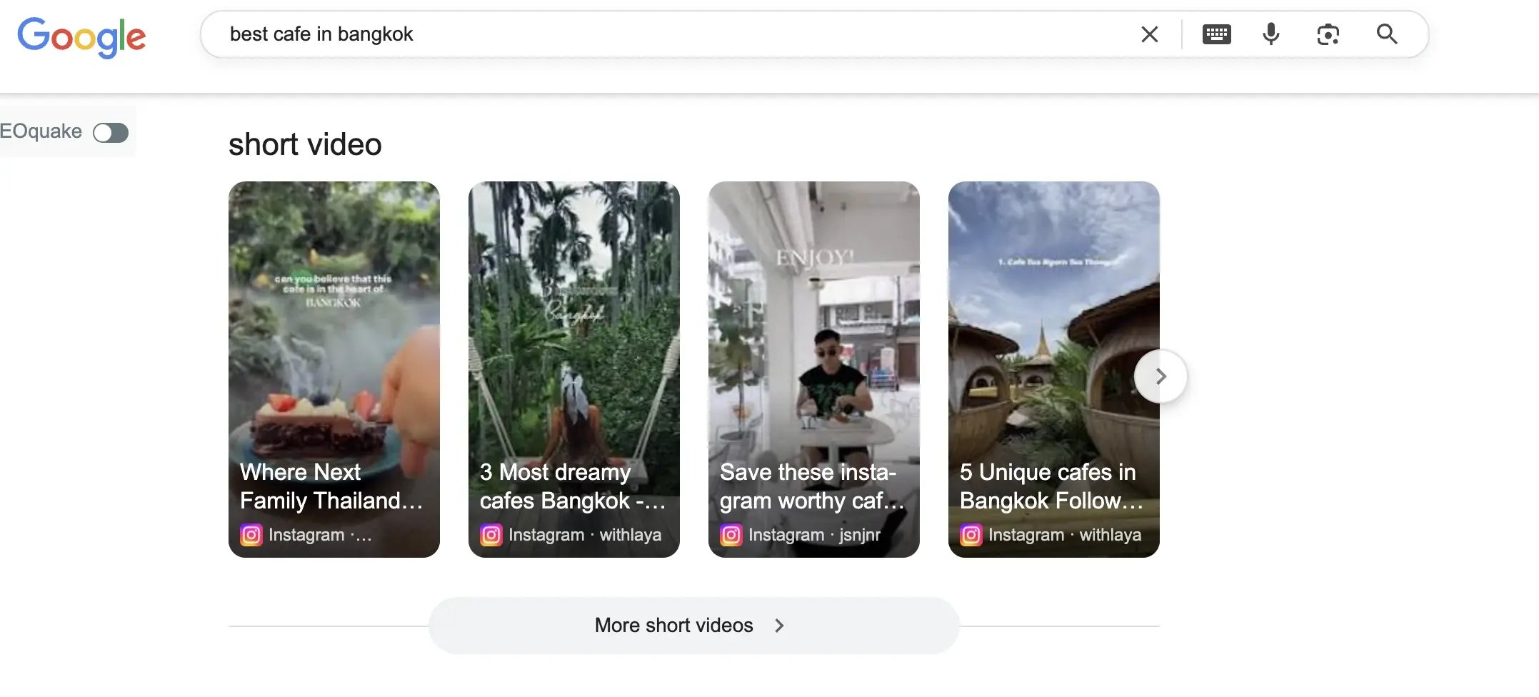 instagram reels appearing while search best cafe in Bangok on Google