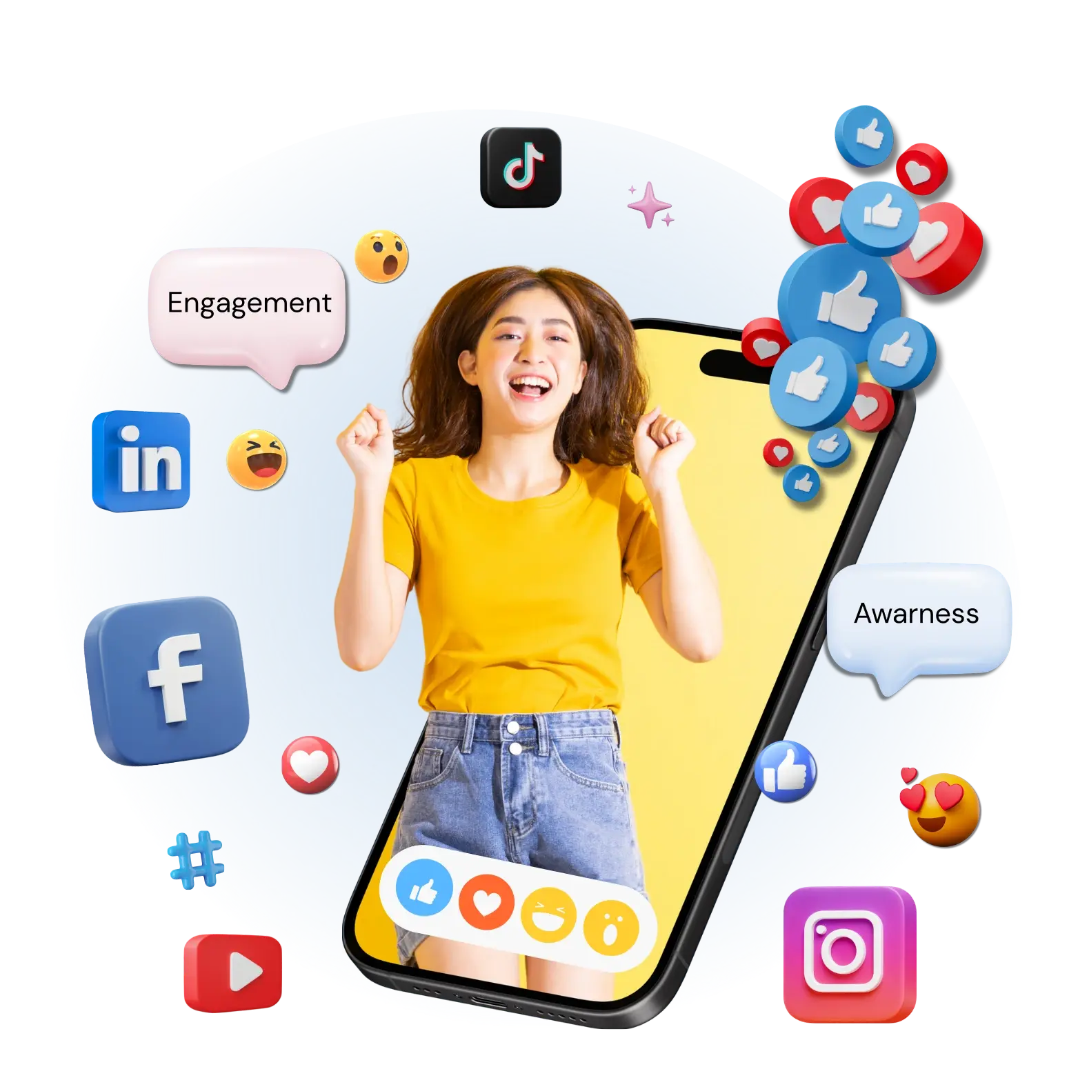 girl coming out from phone with social media logos and emojis